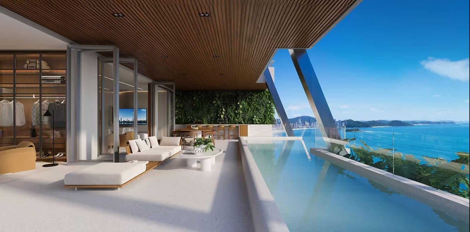 Terraço com piscina em balanço de uma mansão suspensa do Senna Tower